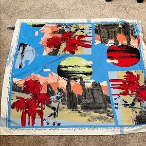 Blue Multicolor Scenic Print Silk Scarf